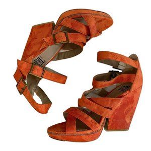 Women's Orange Suede Strappy Block Heel Sandals
